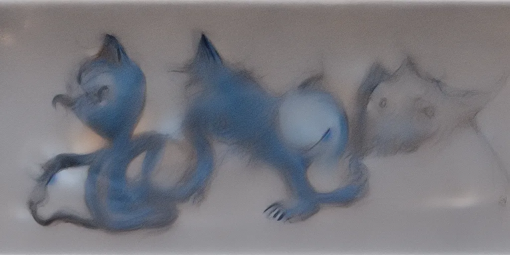 Image similar to a detailed drawing of a surprised black cat, behind a smurf, modulated line
