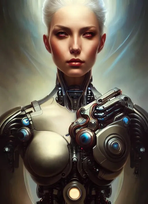 Image similar to a beautiful woman with cybernetic muscles, painted by artgerm and tom bagshaw, fantasy art, dramatic lighting, highly detailed oil painting