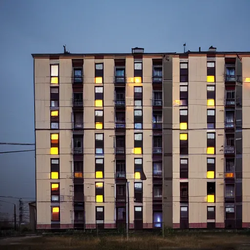 Image similar to An average post-soviet Polish residential block at night, only one window is lit, dark