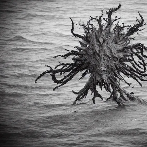 Image similar to nightmare monster emerging from sea surface, but monster is dendritic