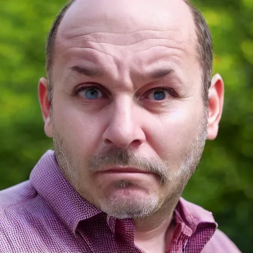 Prompt: an extremely angry, balding middle aged man looking at the camera