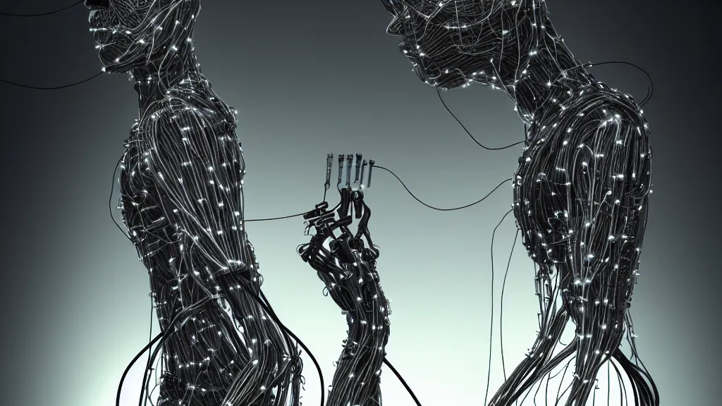 Prompt: a realistic human android character with long needle fingers and cables connecting to him, dark industrial background, featured on artstation, cinematic, elegant, intricate