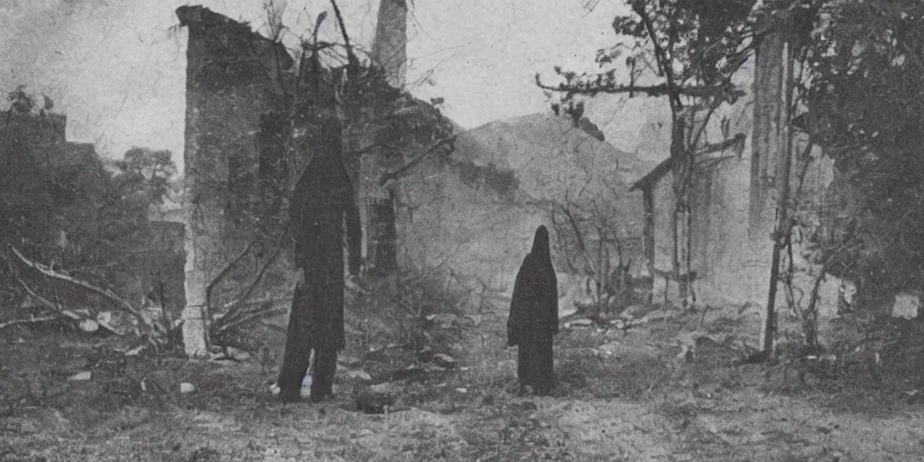 Image similar to scary unproportionable tall ghost creature in the middle of an abandoned village, 1900s picture