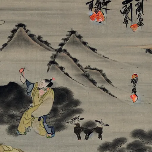 Prompt: an ancient Chinese painting of a man sacrificing a sheep to a volcano