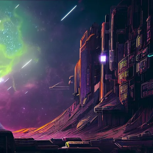 Prompt: dog nebula above cyberpunk planet