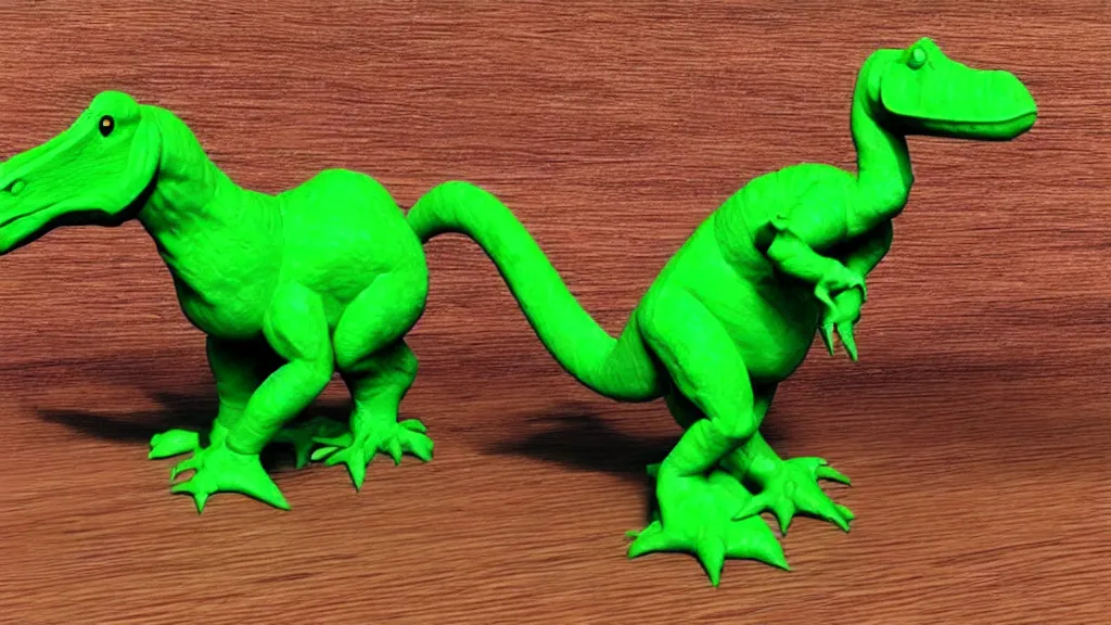 Prompt: a 3D print model of a a green dinosaur on a wooden base