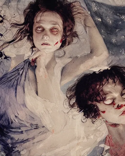 Prompt: two gorgeous but creepy, sinister siblings in layers of fear, with haunted eyes and wild hair, 1 9 7 0 s, seventies, wallpaper, a little blood, moonlight showing injuries, delicate embellishments, painterly, offset printing technique, by coby whitmore, jules bastien - lepage