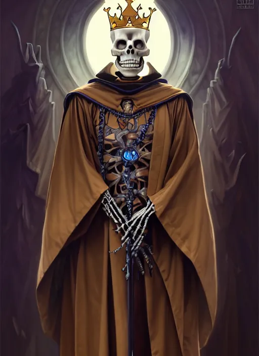 Image similar to undead skeleton king, wearing an academic gown, regal, tarot card, highly detailed, deep focus, elegant, digital painting, smooth, sharp focus, illustration, ultra realistic, 8 k, art by artgerm and alphonse mucha and greg rutkowski