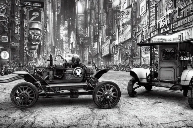 Image similar to cyberpunk 1 9 0 8 model ford t by paul lehr, metropolis, vintage, robotic, black and white photo