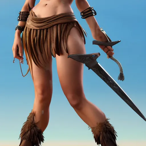 Image similar to a short woman, valkyrie style character, tropical bikini and extra long flowing skirt, oversized broad sword larger than character, by ilya kuvshinov, krenz cushart, pixiv. zbrush sculpt, octane, maya