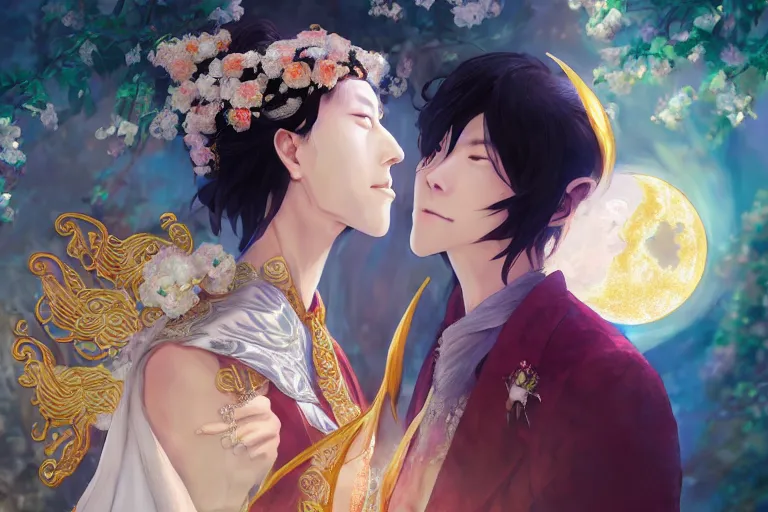 Image similar to a dreamlike portrait of wedding photograph close up moment of a divine a taiwan sun god and moon goddess lovers magician at a wedding banquet. portraiture. digital painting. artstation. concept art. fantasy wedding photo. digital painting, 8 k realistic, hyper detailed, by makoto shinkai and akihiko yoshida and hidari and wlop