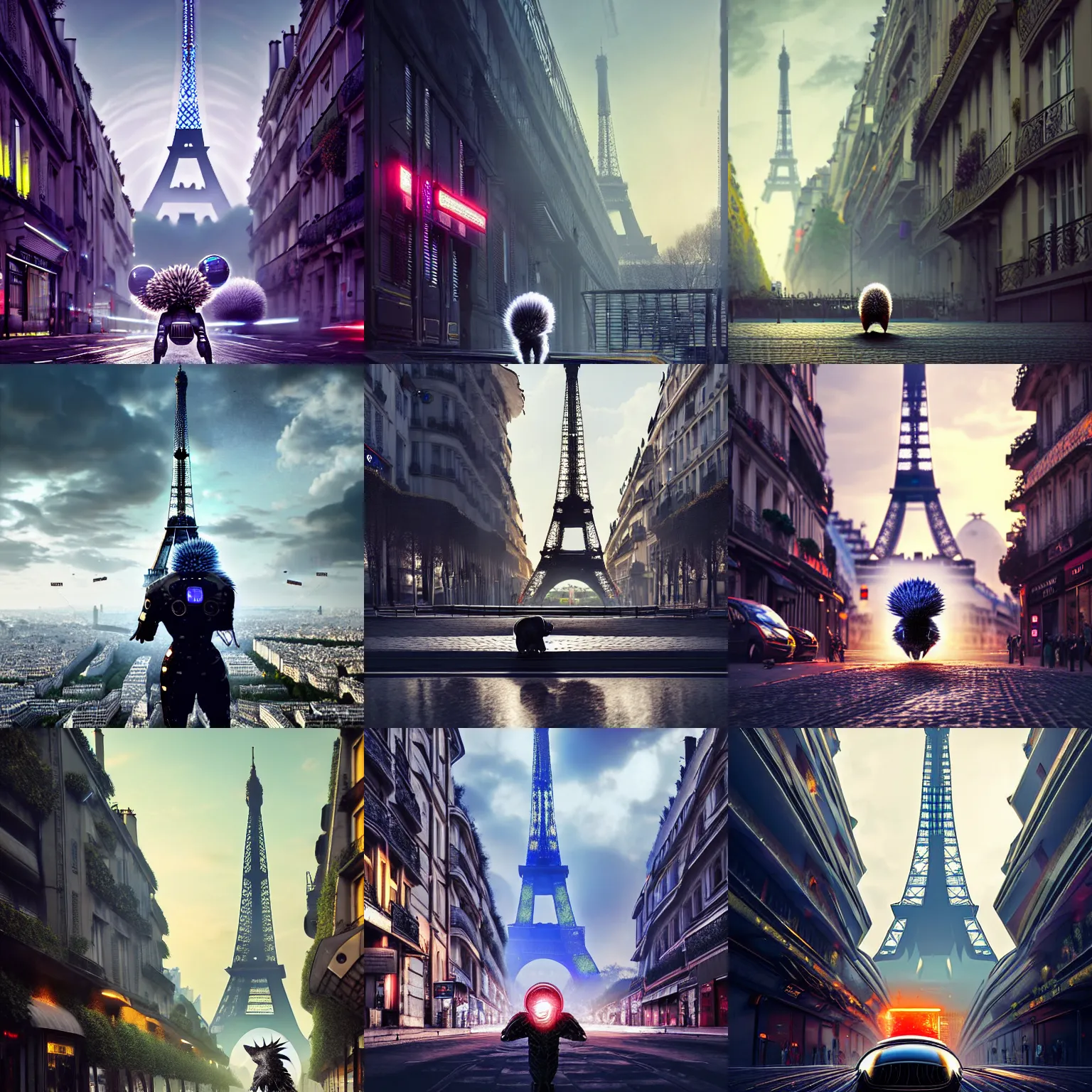 Prompt: cyber hedgehog standing tall in the futuristic paris downtown, ultra realistic, cinematic france, highly detailed, futuristic landscape, beautiful city, futurism, art by jan urschel and neil blevins