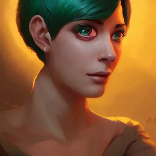 Image similar to beautiful woman with short green hair, portrait, maya ali mage, gloomhaven, dynamic lighting, gaudy colors, octane render aesthetic, matte painting concept art, official fanart behance hd artstation by jesper ejsing, by rhads and makoto shinkai and lois van baarle and ilya kuvshinov and rossdraws