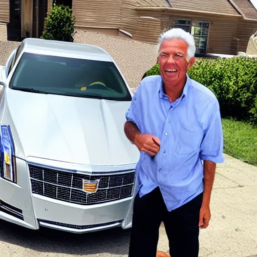 Prompt: a older man excited about his new cadillac