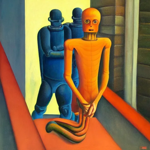 Prompt: brain transplant from human to robot, dystopian, pj crook, edward hopper, oil on canvas