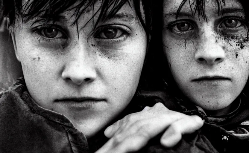 Image similar to cinestill 5 0 d photographic portrait by helen levitt of a white and mixed female android adult couple wearing rugged black techwear in a brilliant cyberpunk city, extreme closeup, modern cyberpunk, dust storm, 8 k, hd, high resolution, 3 5 mm, f / 3 2, ultra realistic faces, intricate detail, ex machina