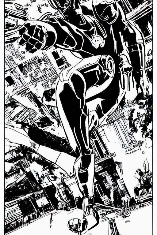 Image similar to ultron doing a high kick, a page from cyberpunk 2 0 2 0, style of paolo parente, style of mike jackson, adam smasher, johnny silverhand, 1 9 9 0 s comic book style, white background, ink drawing, black and white, colouring pages