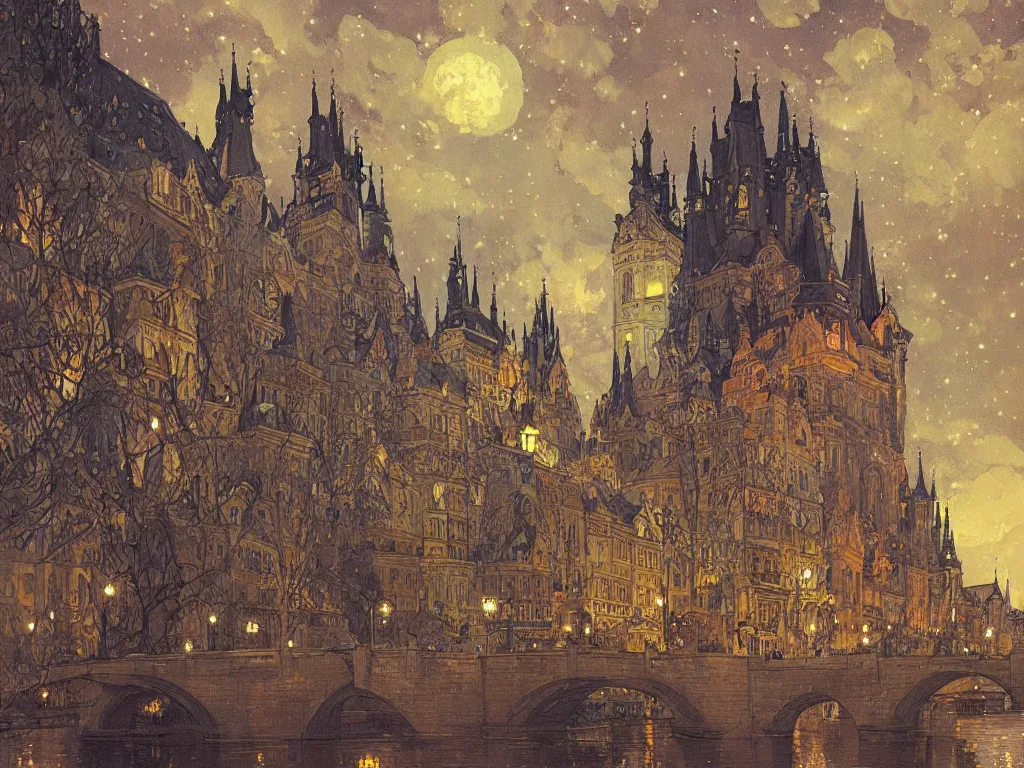 Image similar to a view from the river of prague at night with the sky full of stars, intricate, elegant, highly detailed, digital painting, artstation, concept art, smooth, sharp focus, colored illustration for tattoo, art by krenz cushart and artem demura and alphonse mucha,