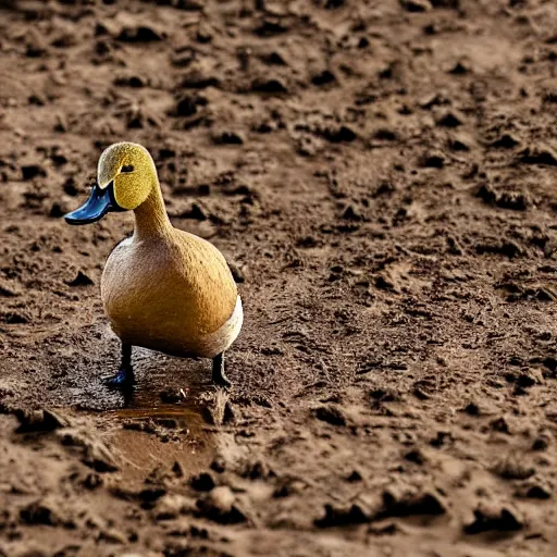 Prompt: dry mud. with duck. realistic photo. masterpiece. dirt.