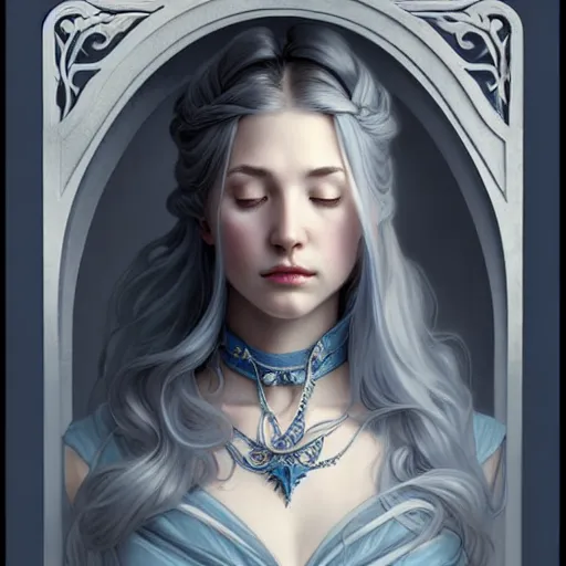 Image similar to aristocrat, white grey blue color palette, eyes closed, female, d & d, fantasy, intricate, elegant, highly detailed, long silver hair, digital painting, artstation, octane render, concept art, matte, sharp focus, illustration, hearthstone, art by artgerm, alphonse mucha johannes voss