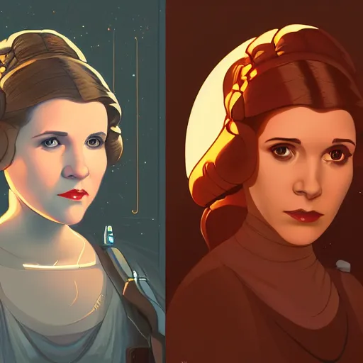 Prompt: Young Carrie Fisher as Princess Leia, ambient lighting, 4k, alphonse mucha, lois van baarle, ilya kuvshinov, rossdraws, artstation