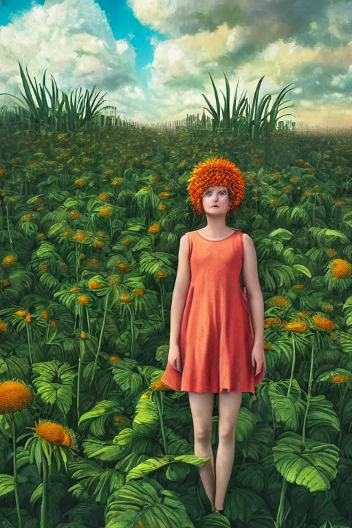 Image similar to closeup, giant daisy flower head, girl between monsteras, surreal photography, wind and cold, dramatic sky, impressionist painting, digital painting, artstation, simon stalenhag
