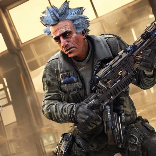 Image similar to Rick Sanchez in Call of Duty black ops, highly detailed, high quality, HD, 4k, 8k, Canon 300mm, professional photographer, 40mp, lifelike, top-rated, award winning, realistic, sharp, no blur, edited, corrected, trending