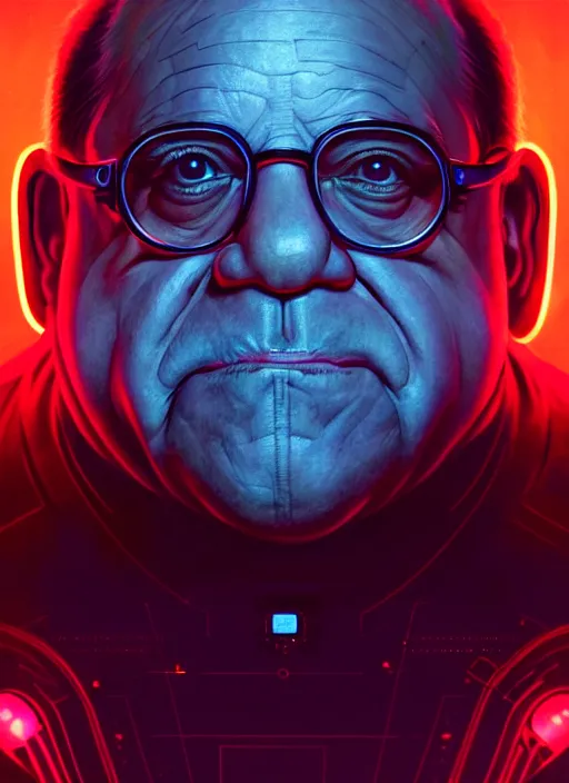 Image similar to symmetry!! portrait of danny devito, sci - fi, tech wear, glowing lights!! intricate, elegant, highly detailed, digital painting, artstation, concept art, smooth, sharp focus, illustration, art by artgerm and greg rutkowski and alphonse mucha