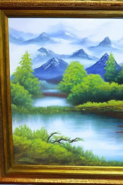 Image similar to a bob ross traditional landscape painting