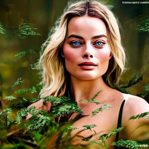 Prompt: double exposure photoshop effect of margot robbie and nature, highly detailed