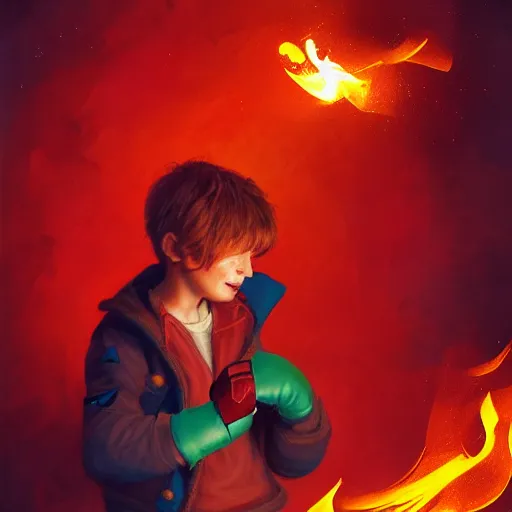 Image similar to colorful and festive captivating young child boy, brown fluffy hair, wearing red and yellow clothes, shooting a fire ball out of his fist. rich vivid colors, ambient lighting, dynamic lighting, 4 k, atmospheric lighting, painted, intricate, highly detailed by charlie bowater