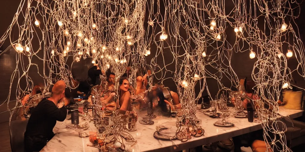 Prompt: !13 diverse bro, why?! what's wrong with people, !one_side of a !marble table, eating luxurios food !!posing cinematic lighting, intricate cables adorne their bodies and heads, neon, detailed implants, satin, crystal, liquid, surreal, floating, !!highly detalied,