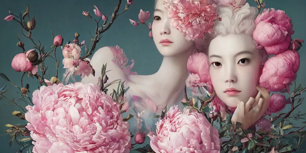 Prompt: breathtaking detailed concept art painting blend of few pink short hair goddesses of peonies flowers by hsiao - ron cheng with anxious piercing eyes, vintage illustration pattern with bizarre compositions blend of flowers and fruits and birds by beto val and john james audubon, exquisite detail, extremely moody lighting, 8 k