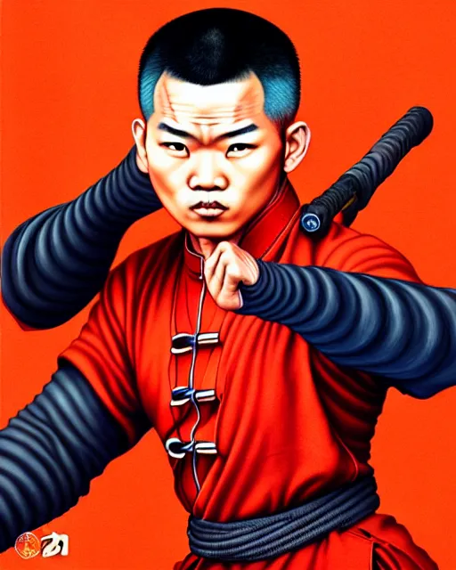 Image similar to richly detailed color illustration of a shaolin-fire-fighter-cop-kung-fu illustrated by Artgerm and Timothy Kong . 3D shadowing