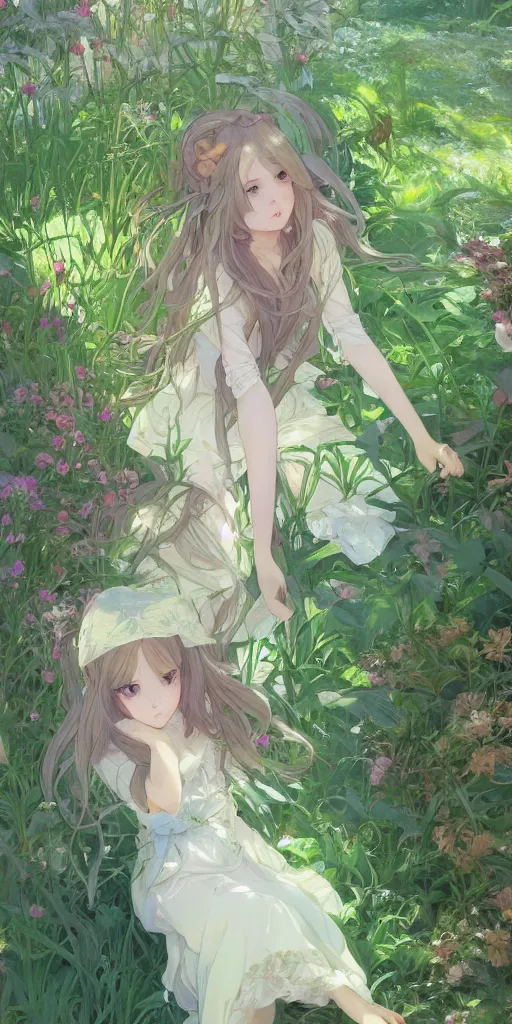 Image similar to a digital art of a loli with long hair in a dress in the privet garden at after noon, green and warm theme, by krenz cushart and mucha and akihito yoshida and greg rutkowski and makoto shinkai, low angle, long shot, back lighting, detailed eyes, 4 k resolution, trending on art station