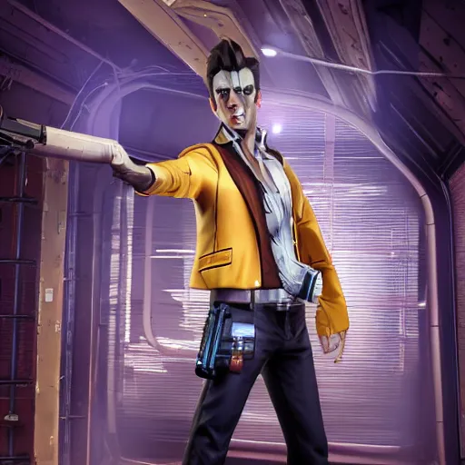 Image similar to 8K Portrait, medium shot, sadistic godlike Handsome Jack with a shotgun in his hands, from the Borderlands series, Pandora Vault in the background , post-processing , photorealistic, digital painting, award winning, superb resolution, in the art style of Karen Mead, Hyper realistic, 3D Portrait, octane render, arnorld render, DAZ, PBR, path tracing, volumetric lighting, attention to detail, polished, high resolution, 3-point perspective, unreal engine 5, IMAX quality, cinematic, intricate, dramatic, symmetrical