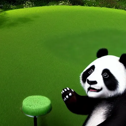 Image similar to a panda lawnmowing in his garden, cinematic, ray traced, octane render, cinematic lighting, ultrarealistic, featured on artstation, 8 k uhd artwork