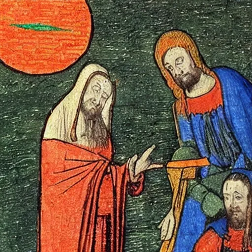 Image similar to Medieval painting about UFOs visiting Earth