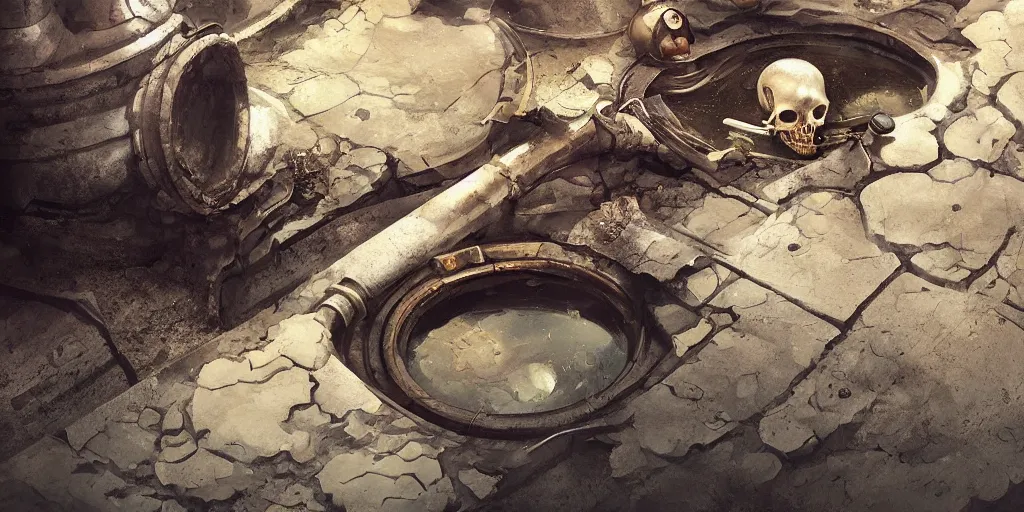 Prompt: a puddle of indistinct mercury, pipe and a skull in the background, fantasy, digital art, trending on artstation