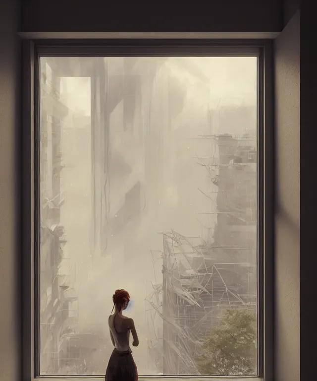 Image similar to view from a window of a construction site by charlie bowater and anna dittmann and artgerm and clemens ascher, intricate, elegant, beige mist, highly detailed, dramatic lighting, sharp focus, octane render, trending on artstation, artstationhd, artstationhq, unreal engine, 4 k, 8 k