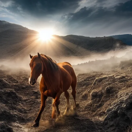 Prompt: stampeding muscular horse emerging out of pyroclastic flow with mist and sun rays. wide angle lens. 4 k
