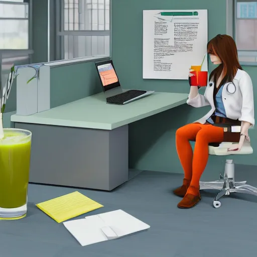 Prompt: a painting of a cute brown haired female doctor with a ponytail, sitting behind a desk in a square green cubicle, sipping juice from an orange juice box, wearing a white coat. Rendered in isometric perspective with unreal engine, 8k resolution, ultra hd.