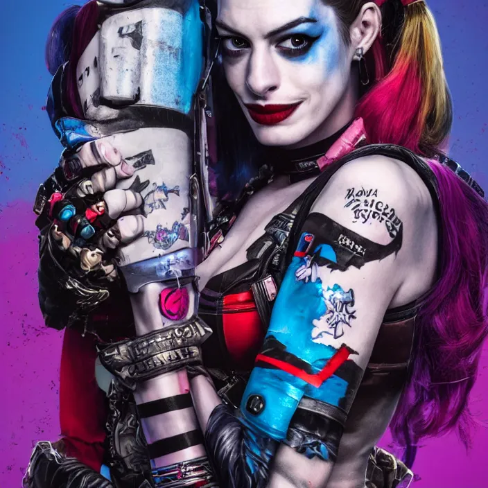 Image similar to portrait of Anne Hathaway as a harley quinn in Suicide Squad. HD,4K. intricate. intricate artwork. by Tooth Wu, wlop, beeple, dan mumford. octane render, trending on artstation, greg rutkowski very coherent symmetrical artwork. cinematic, hyper realism, high detail, octane render, 8k, iridescent accents