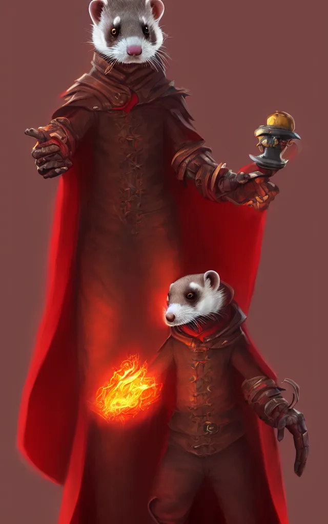 Image similar to a anthropomorphic ferret is a dark warlock dressed red robes, he's very menacing and evil, he's holding a fireball, hyperdetailed, artstation, cgsociety, 8 k