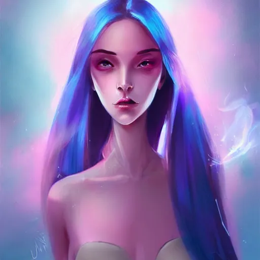 Image similar to A beautiful blue alien woman, pretty, pink smoke, artstation, deviantart, Charlie Bowater