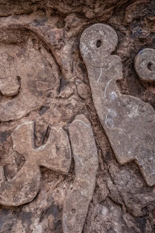 Image similar to 4 k photography of petroglyphs representing crosses, ufo, yin yang symbol on a cave