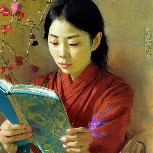 Image similar to portrait of asian beautiful woman reading from smartphone masterpiece painting by vasnetsov and surikov, JEAN-VICTOR BERTIN, by Terence Cuneo, detailed, t artfully traced