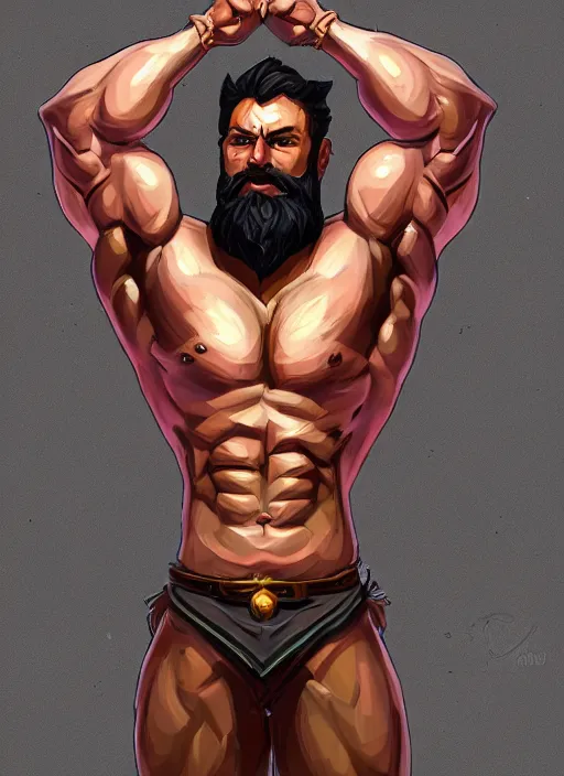 Prompt: a highly detailed illustration of short haired shirtless bearded god, heroically flexing bodybuilding pose, one arm bicep flexing other arm pointing straight, muscular, intricate, elegant, highly detailed, centered, digital painting, artstation, concept art, smooth, sharp focus, league of legends concept art, WLOP