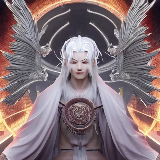 Prompt: the white haired fuxiin god chinese mythology, sit in front of the eight diagrams, wearing a grey robe, from china, unreal engines, wings, god style, light effect, ultra - high details, 4 k hd, featured on artstation, trending on cgsociety