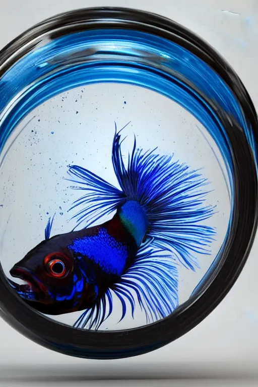 Image similar to a octane render of a siamese fighting fish inside a jar on the table, close - up studio photo, lighting path traced, highly detailed, high quality, hyper - realistic, max accurate,